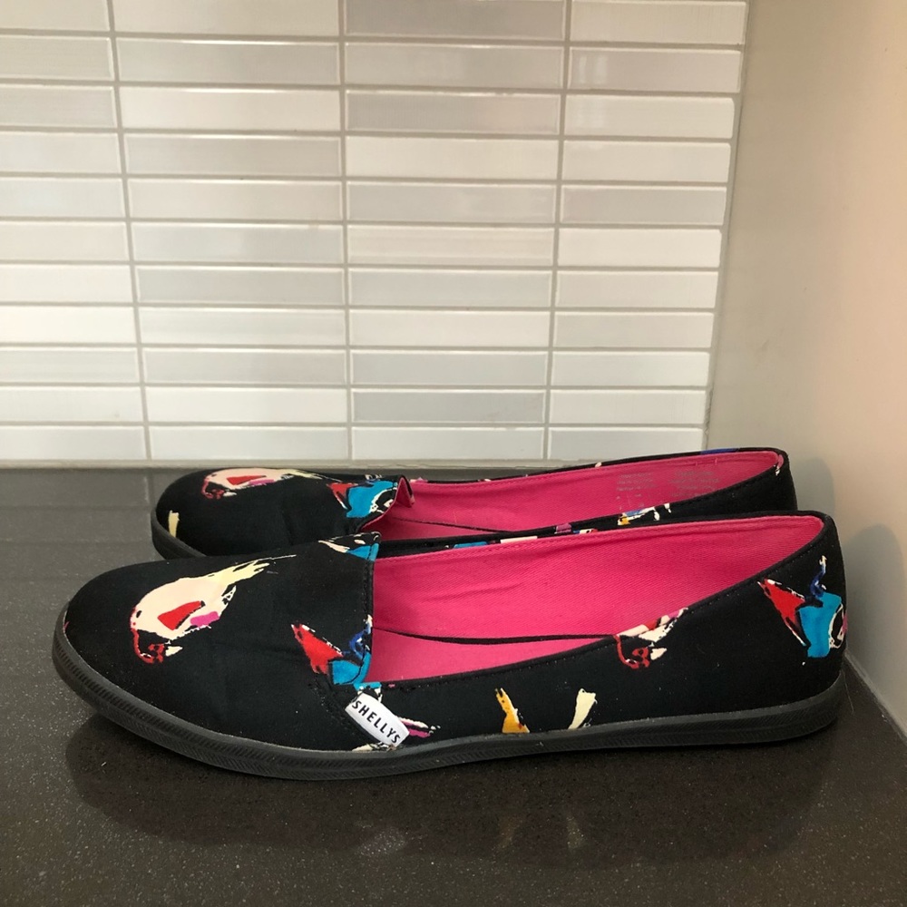 Shellys black print ladies flats